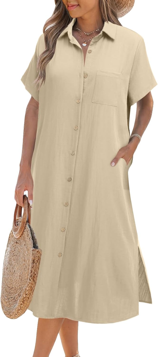 Zeagoo Women Summer Casual Short Sleeve Button Down Dress