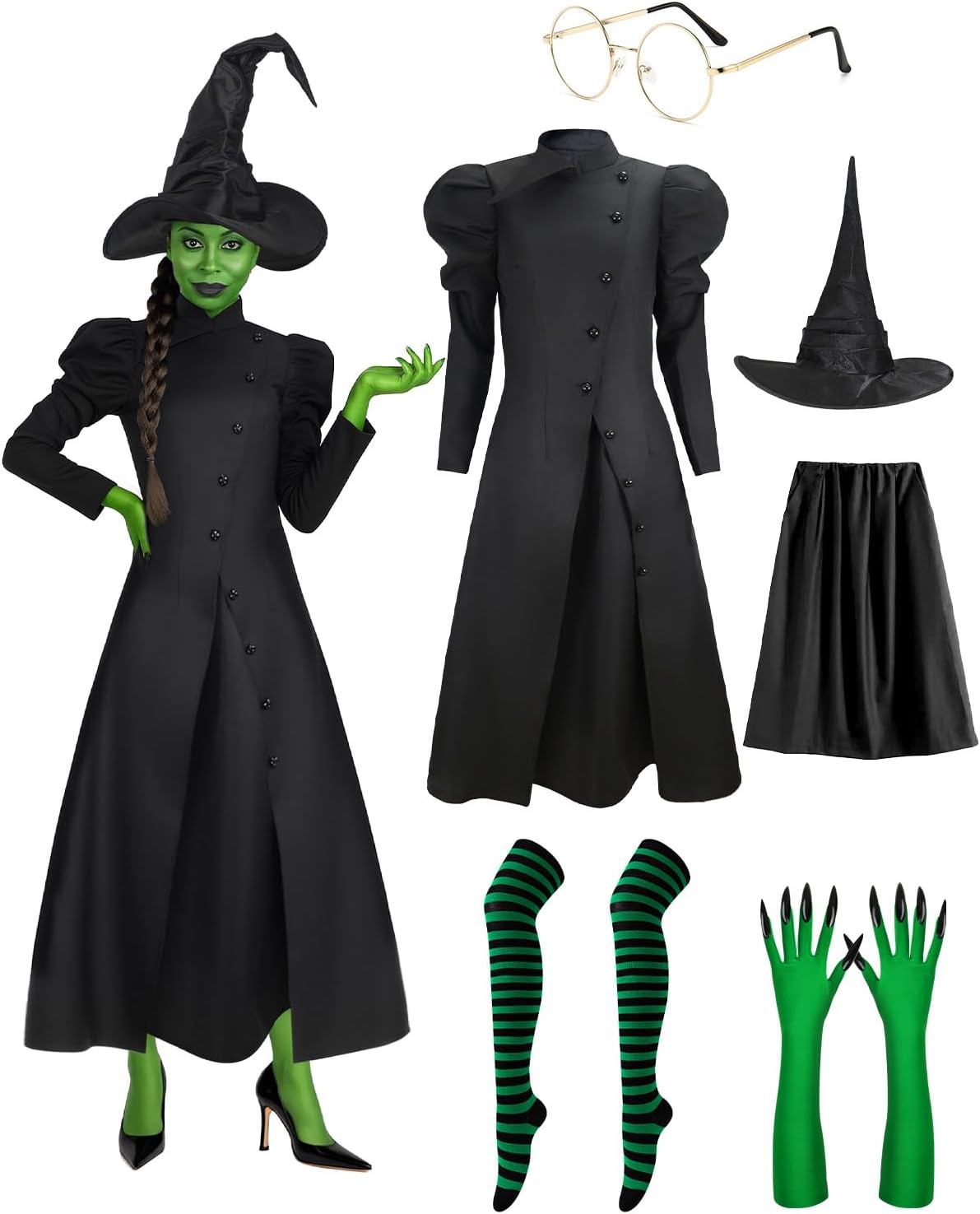 Dramatic Halloween Witch Costume for Women with Green Accessories