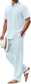 Men's 2 Piece Cotton Set Henley Shirt and Beach Pants - Lightweight is