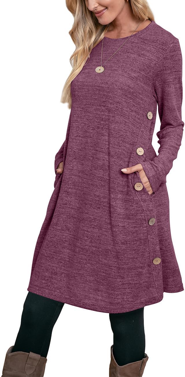 OFEEFAN Long Sleeve Dress for Women with Pockets and Buttons