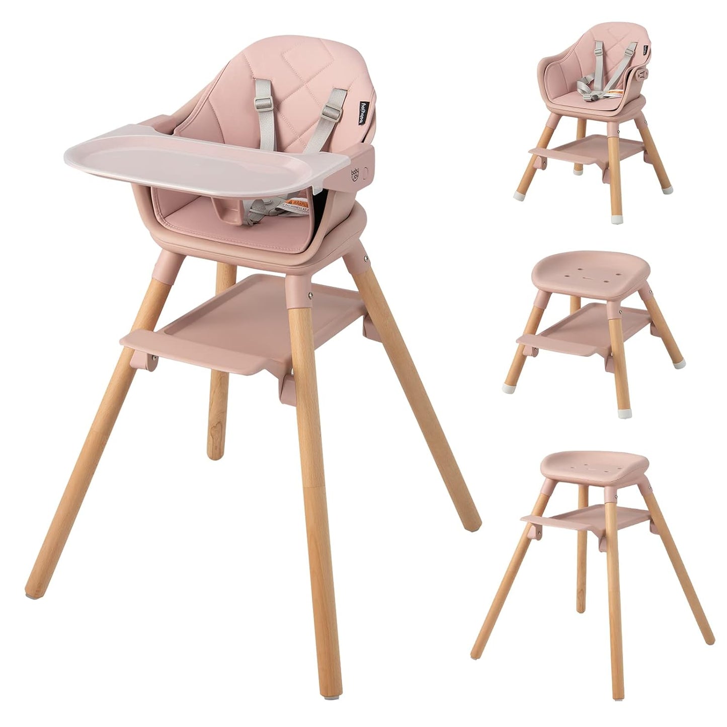 6-in-1 Baby High Chair, Adjustable Legs, Double Tray, Safety Harness, Pink