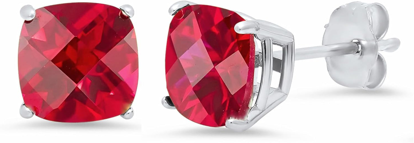 925 Sterling Silver Cushion Cut Ruby Stud Earrings for Women