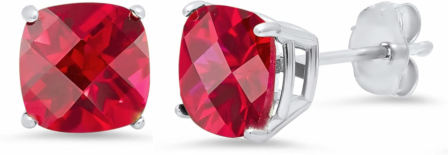925 Sterling Silver Cushion Cut Ruby Stud Earrings for Women