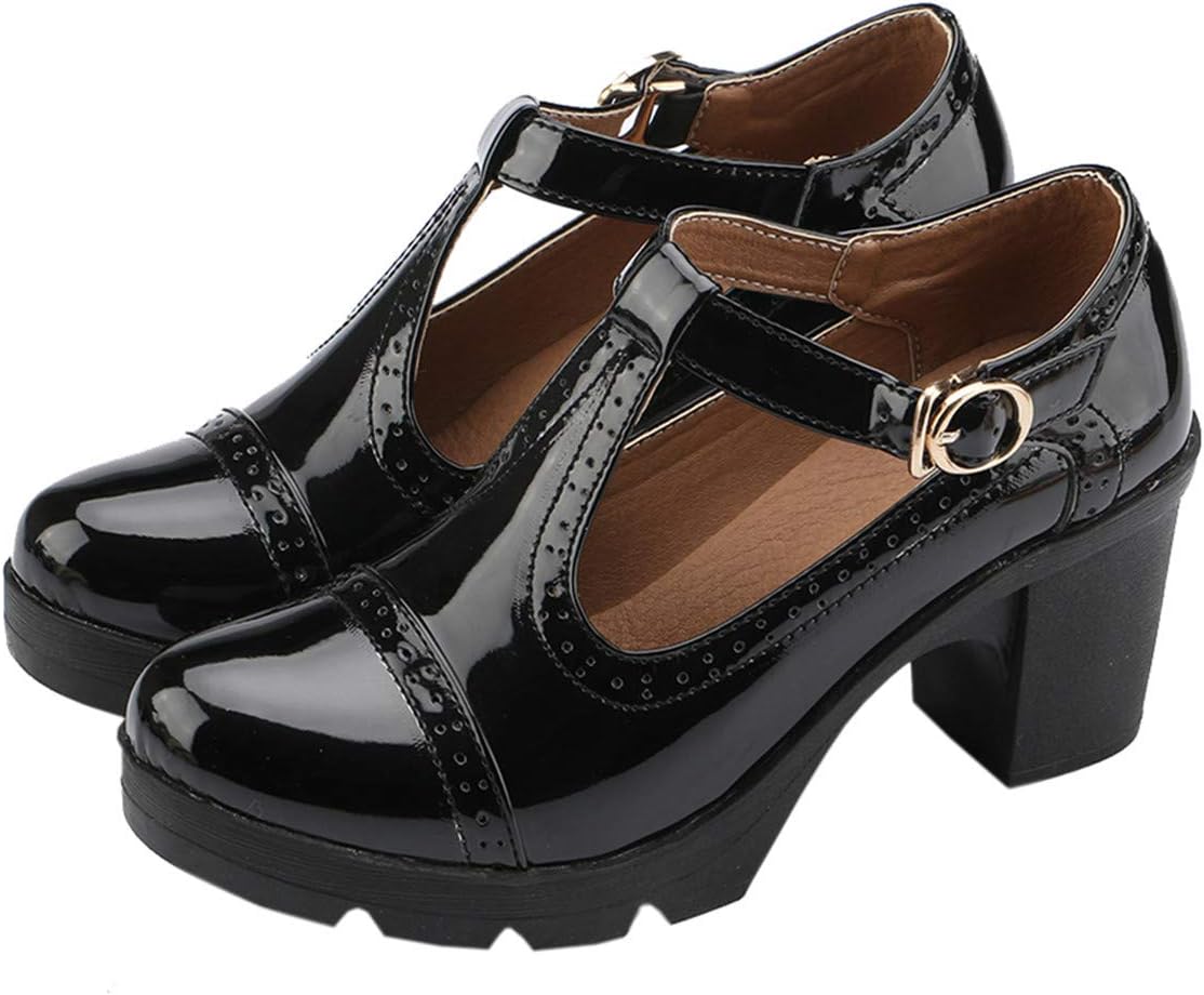 DADAWEN Women's Classic T-Strap Platform Mid-Heel Oxfords Shoes