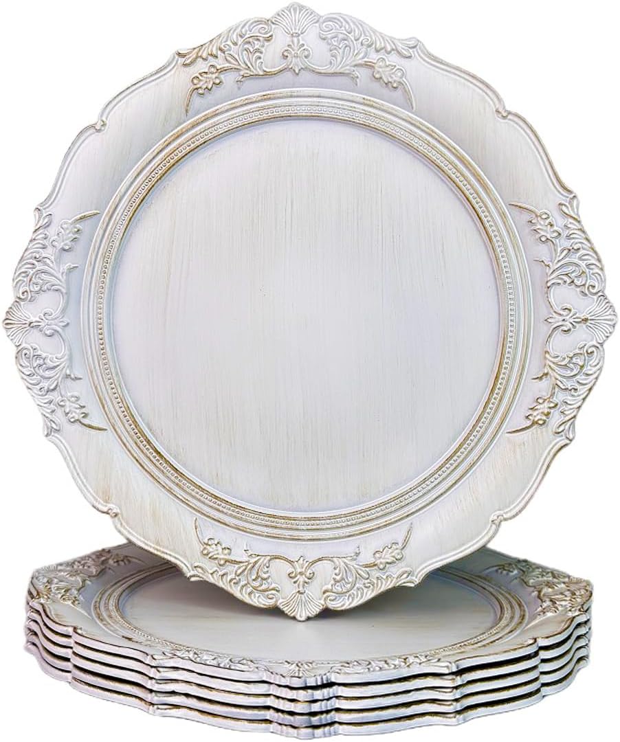 Set of 6 Antique White 13 Charger Plates - Elegant Embossed Design
