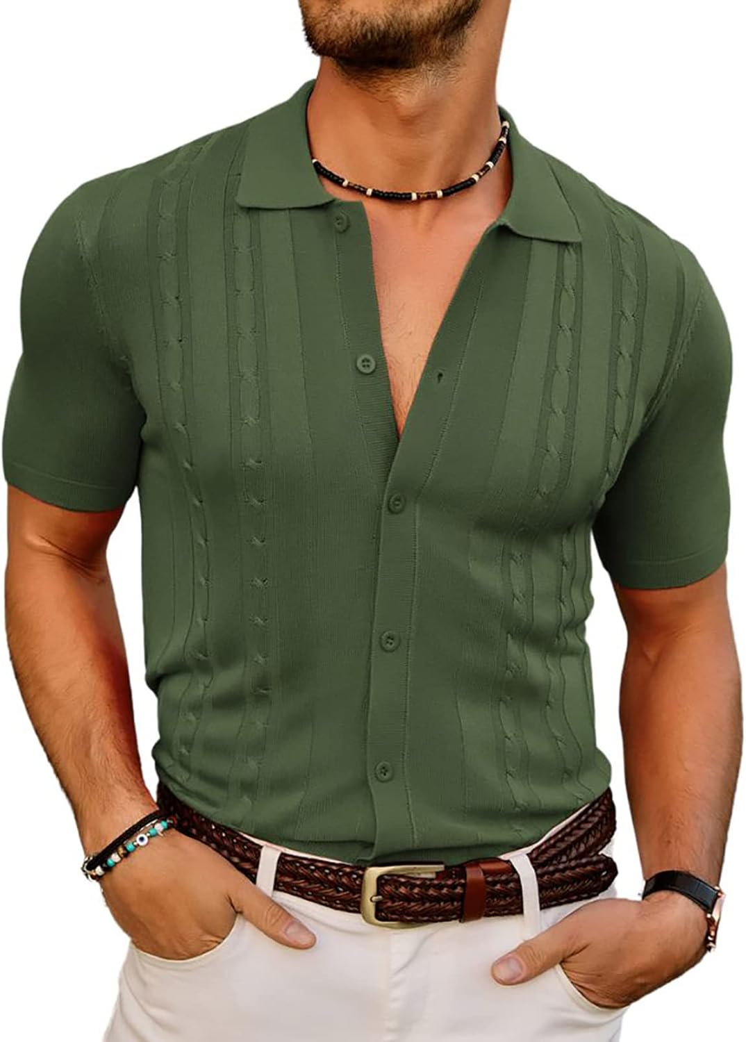 Vintage Striped Button Down Knitted Golf Shirts for Men