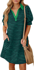 BLENCOT Women's Casual Polo V Neck T Shirt Striped Dress