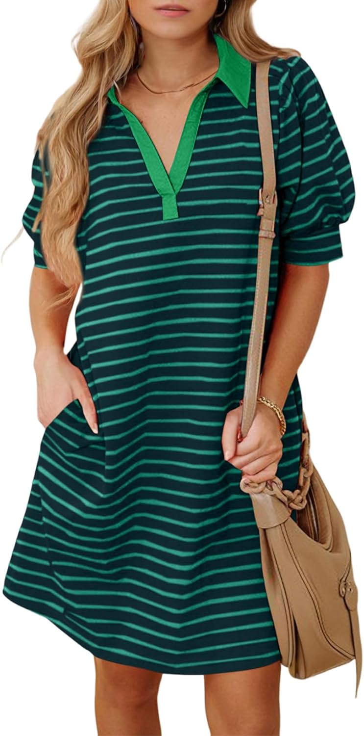 BLENCOT Women's Casual Polo V Neck T Shirt Striped Dress