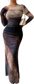 Women Long Sleeve Maxi Bodycon Tie Dye Dress - Flattering Ruched Fit