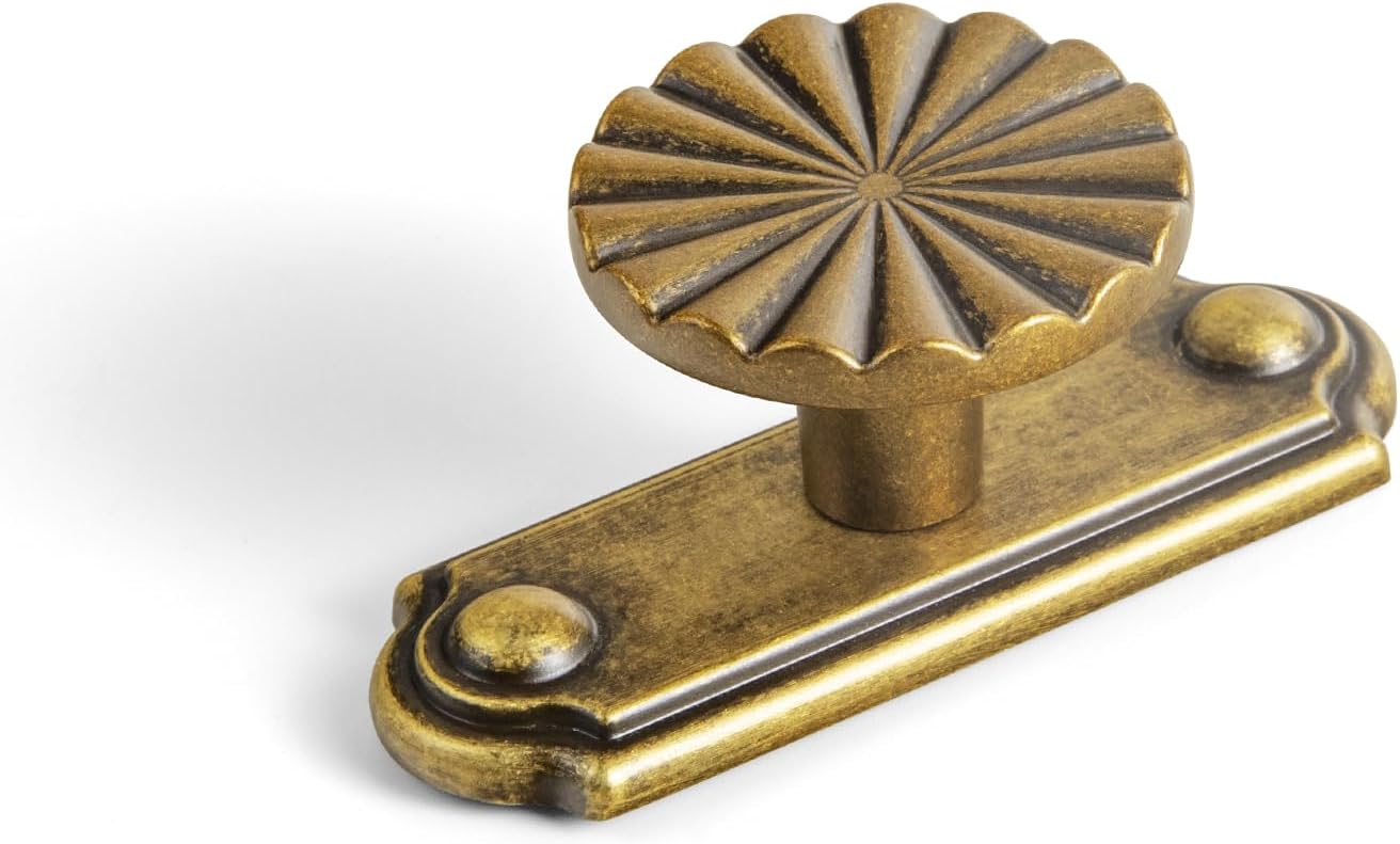 Antique Brass Cabinet Knob with Timeless Drawer Backplate - 6 Pack