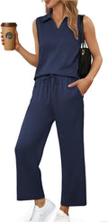 Two Piece Sleeveless Lounge Set V Neck Top and Wide Leg Pant - Summer