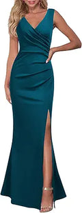 Women Sleeveless V Neck Maxi Evening Dress - Stretchy Polyester Fit