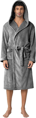 Men's Hooded Fleece Bathrobe - Warm Absorbent Plush Robe