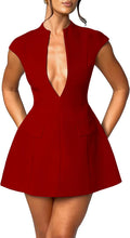 Women's Cap Sleeve Deep V Neck Zipper A-line Mini Dress - Night Out