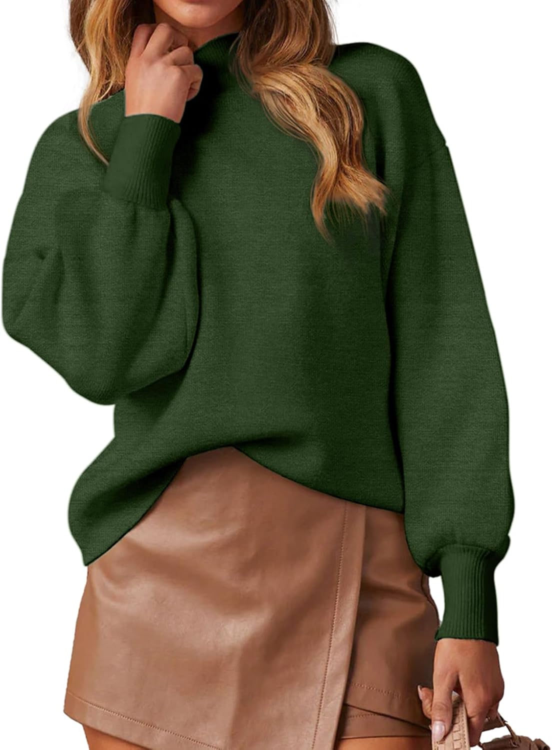 WEACZZY Women's Mock Neck Lantern Sleeve Lightweight Sweater
