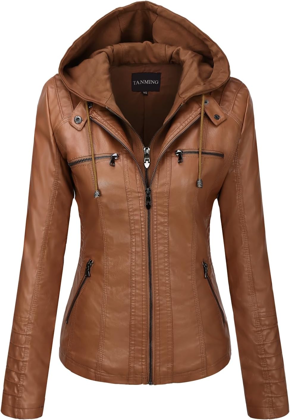 Tanming Womens Faux Leather Jacket Hooded Moto Biker Coat