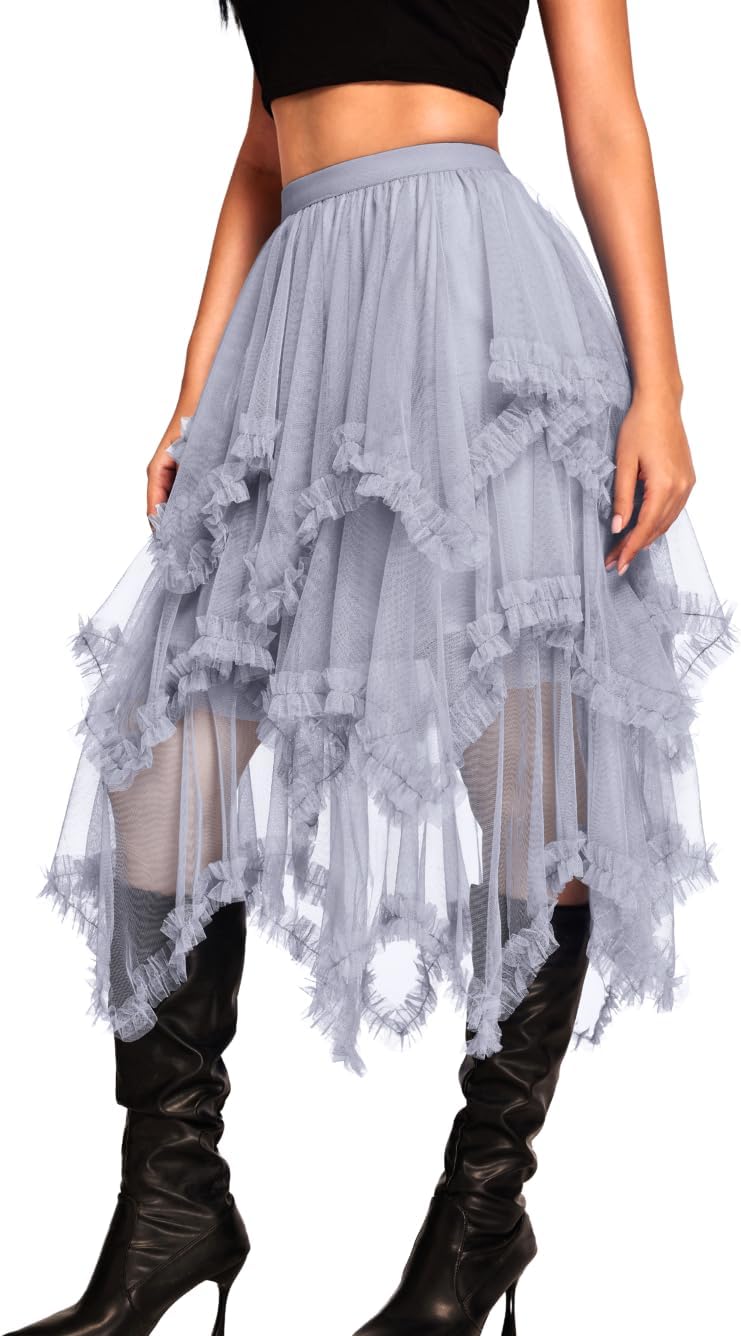 Kaei&Shi Long Tulle Skirt for Women - Asymmetrical Ruffle Design