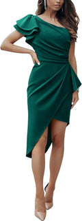 Women One Shoulder Cocktail Dress - Ruched Wrap Bodycon Short