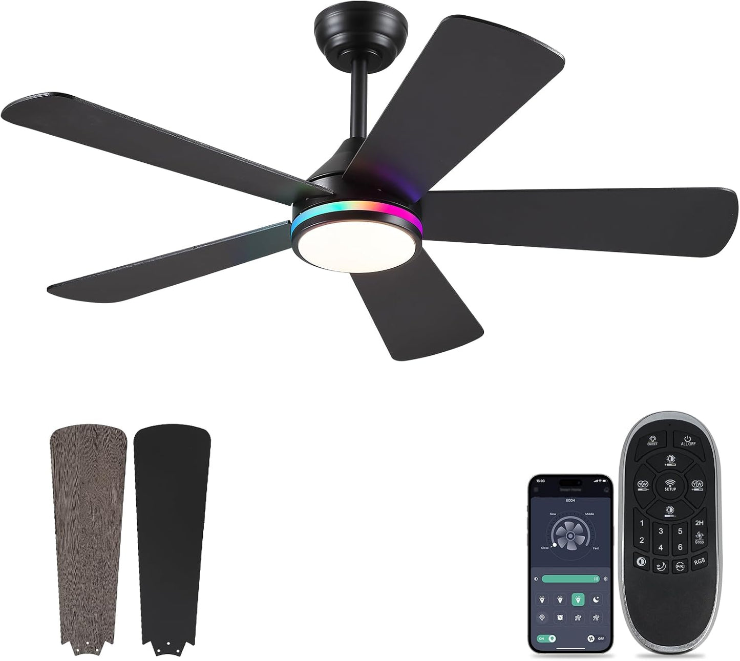 46in Black RGB Ceiling Fan with Lights and Remote Control