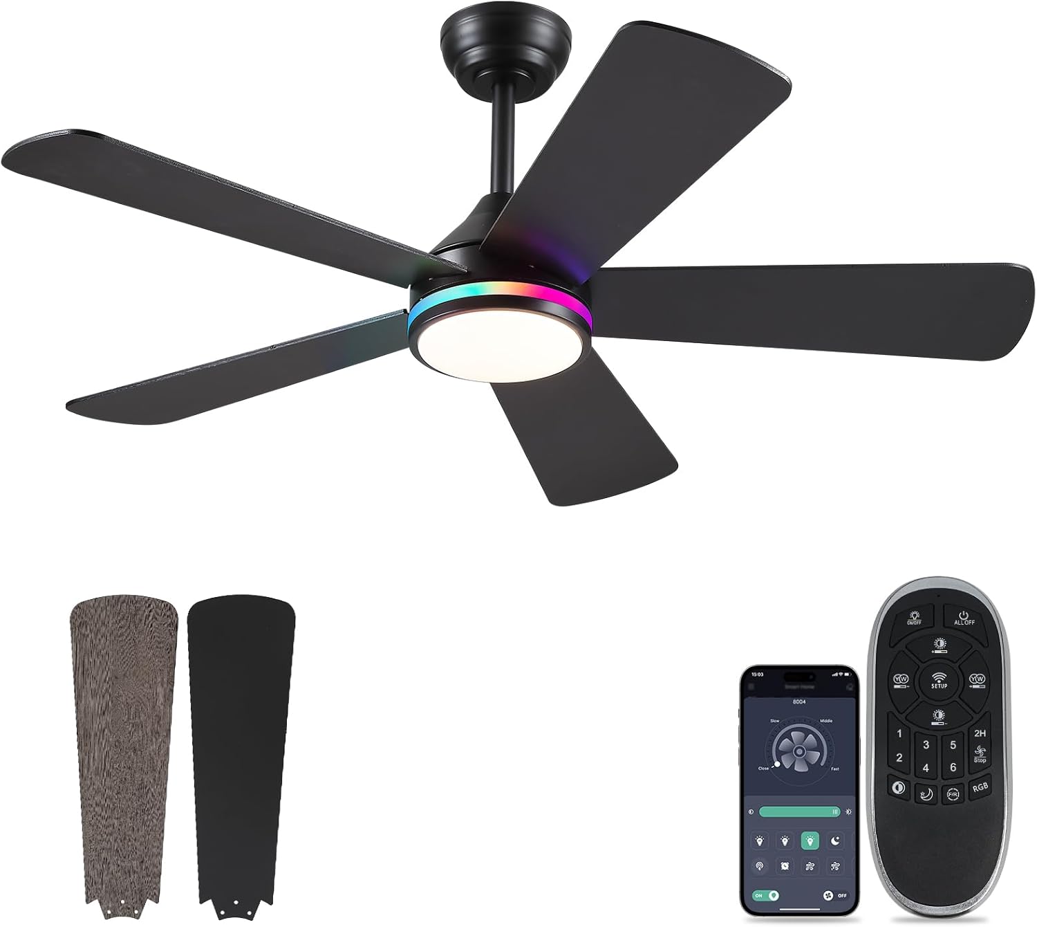 46in Black RGB Ceiling Fan with Lights and Remote Control