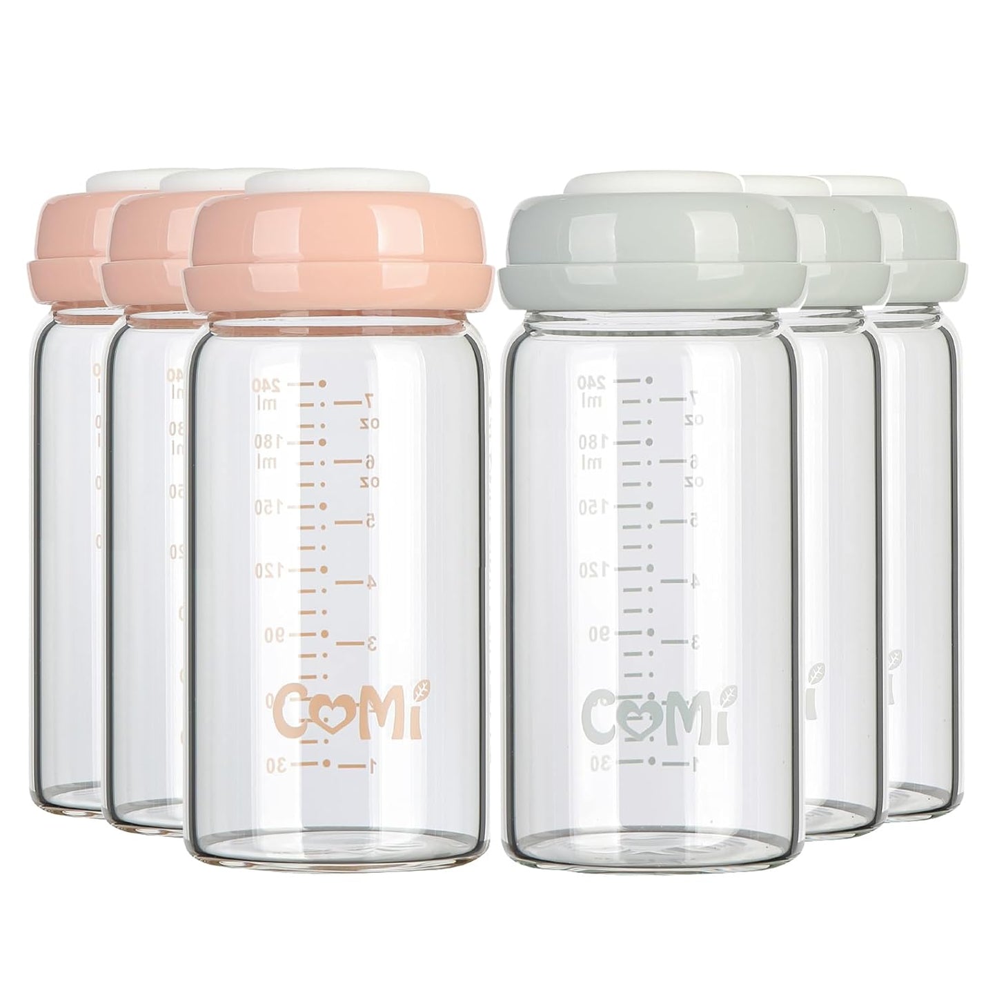 COMI Wide Neck Glass Breastmilk Collection Bottle Set, 6 Pack