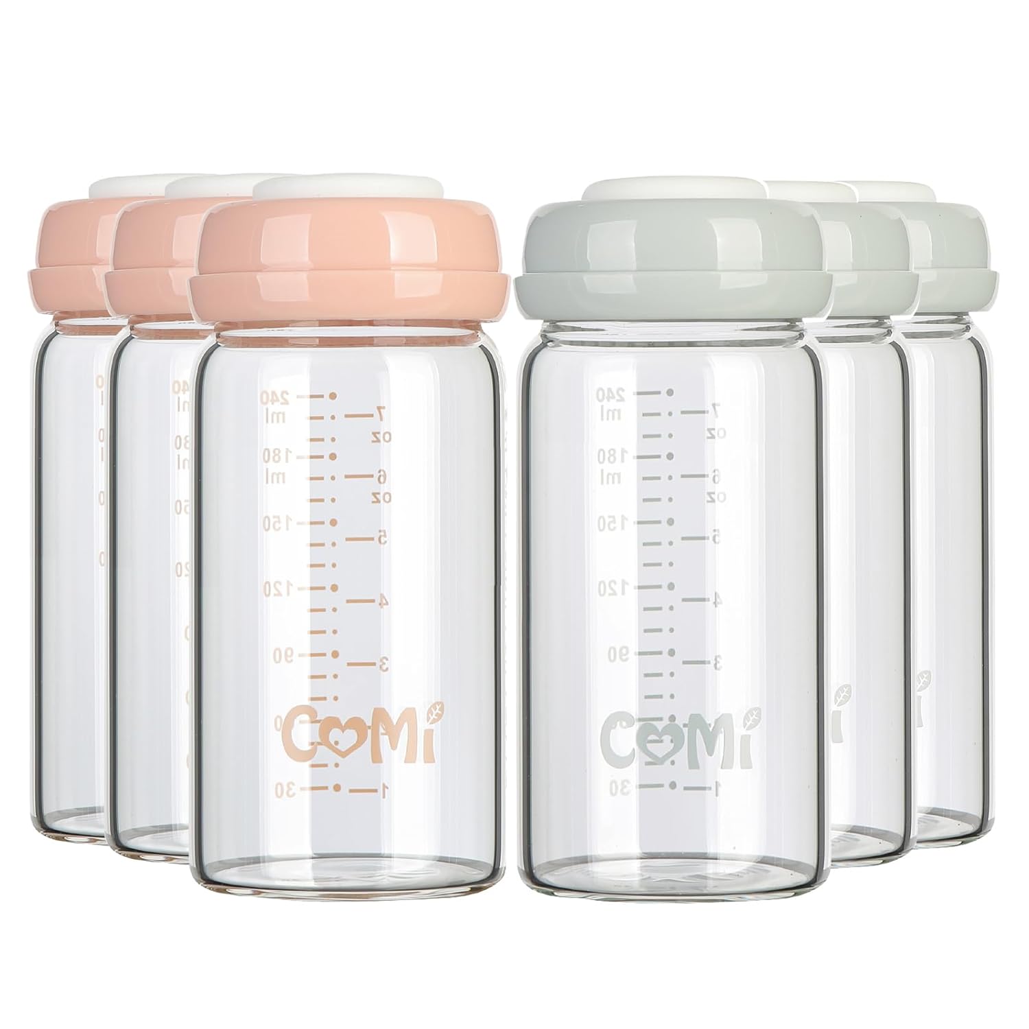 COMI Wide Neck Glass Breastmilk Collection Bottle Set, 6 Pack