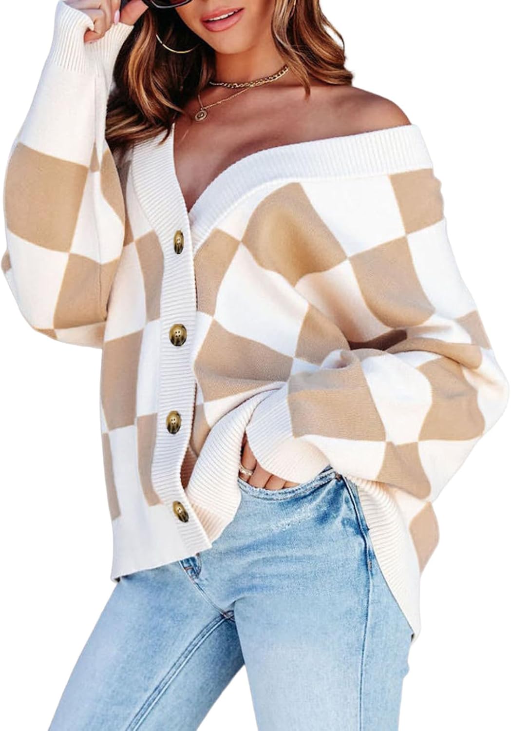 Dokotoo Womens Plaid V Neck Button Down Oversized Cardigan