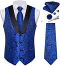 Mens Paisley Suit Vest and Necktie Set - Blue Jacquard Waistcoat Men's
