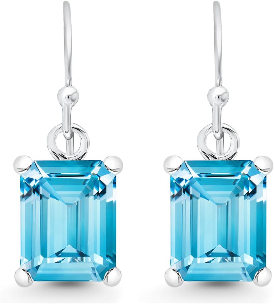 Sterling Silver Emerald-Cut Blue Topaz Dangle Earrings for Women