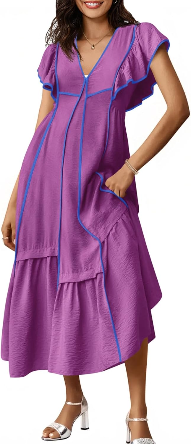 Wenrine Womens Summer V Neck Midi Dress for Casual Style
