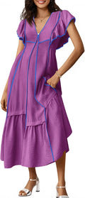 Wenrine Womens Summer V Neck Midi Dress Casual Ruffle Sleeve Flowy