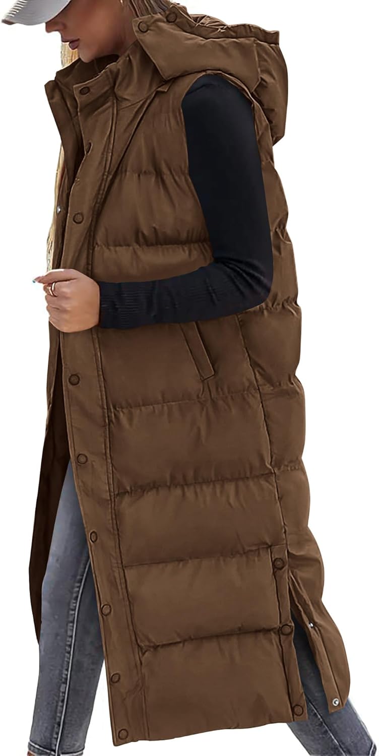 Long Puffer Vest for Women - Quilted Hooded Sleeveless Jacket
