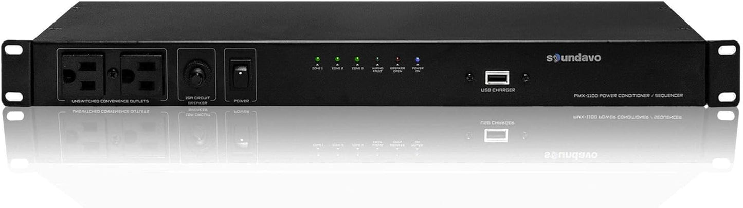 Soundavo PMX-1100 Power Conditioner: 10 Outlets, 3 Zones, USB Charger