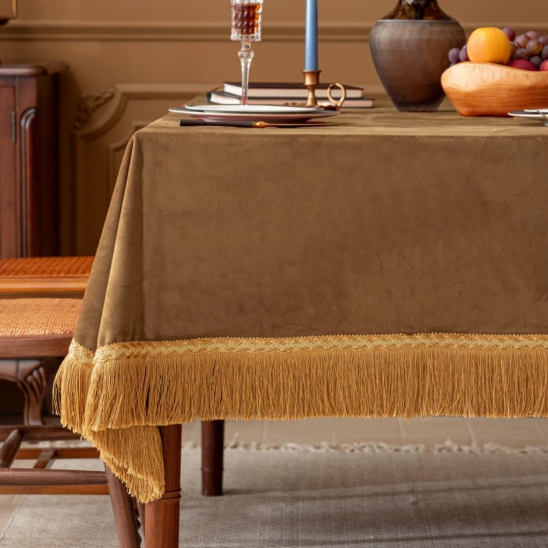 Luxury Camel Velvet Tablecloth with Gold Tassels for Events