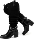 Women's Knee High Boots with Chunky Heel and Pointed Toe - Warm Fall