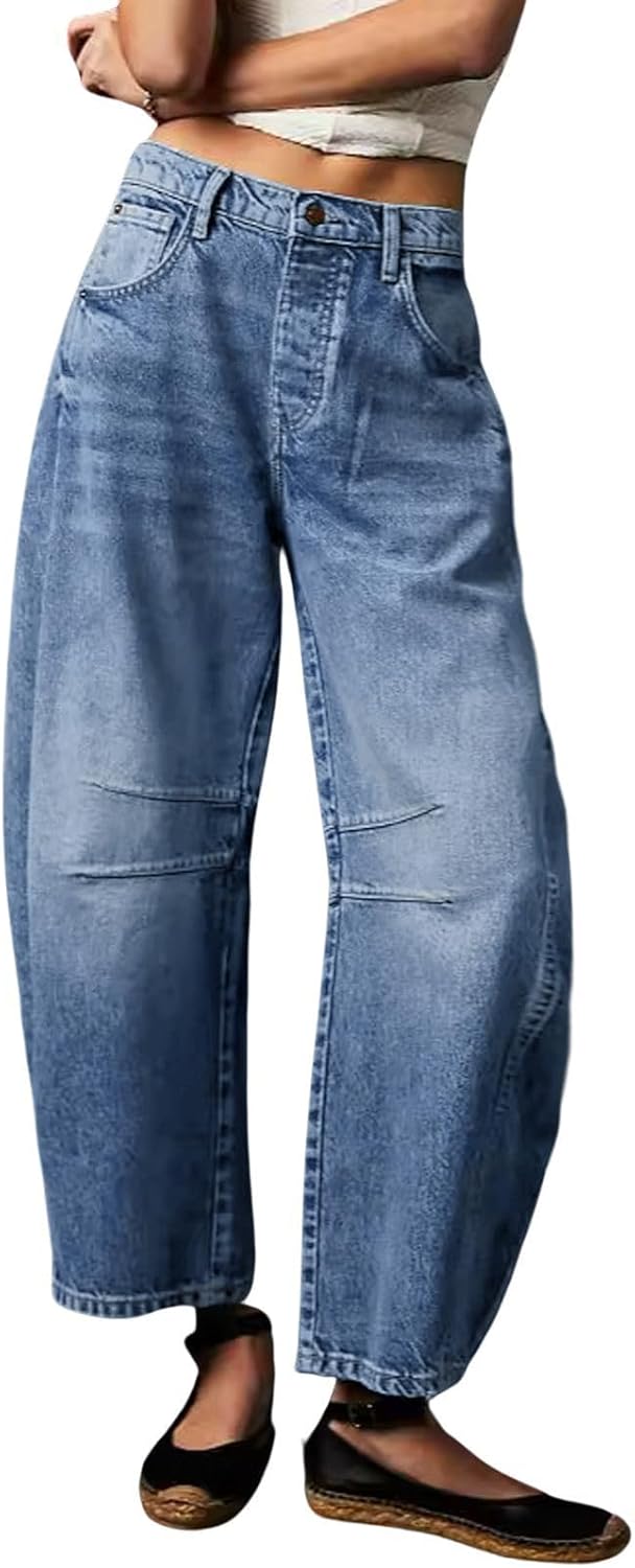 Womens Stretchy Mid Rise Barrel Jeans for Vintage Style Lovers