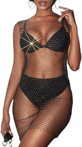 Lrady Rhinestone Mesh Fishnet Bodycon Club Dress - See Through Cover