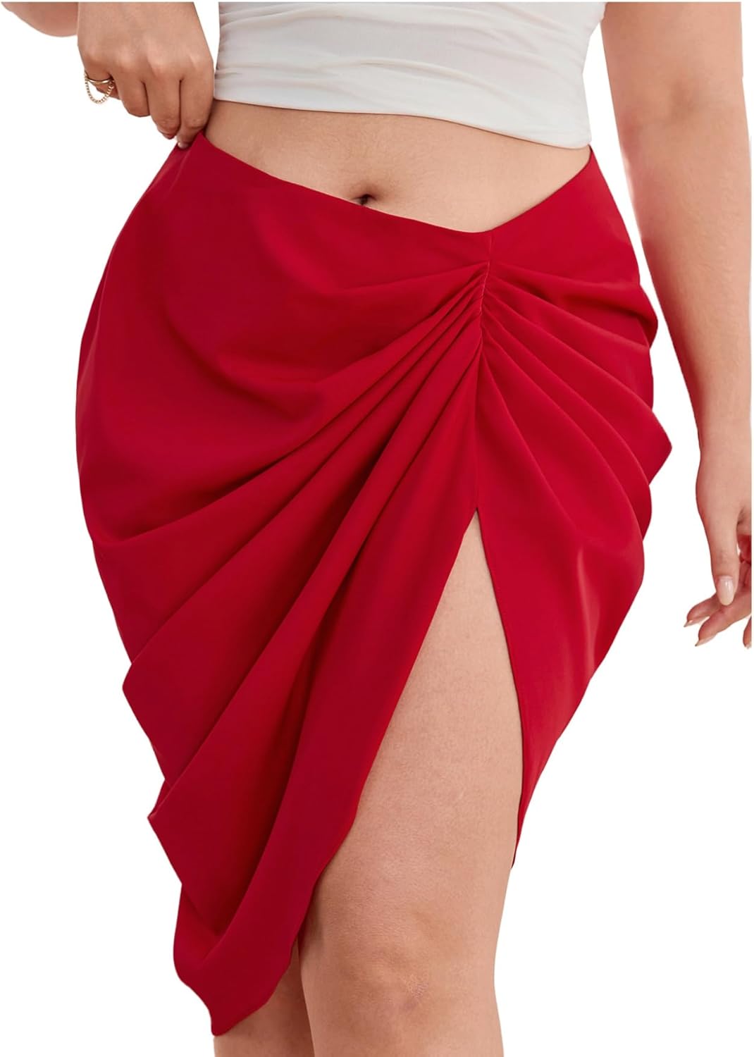 WDIRARA Women's High Waist Ruched Satin Midi Skirt with Split