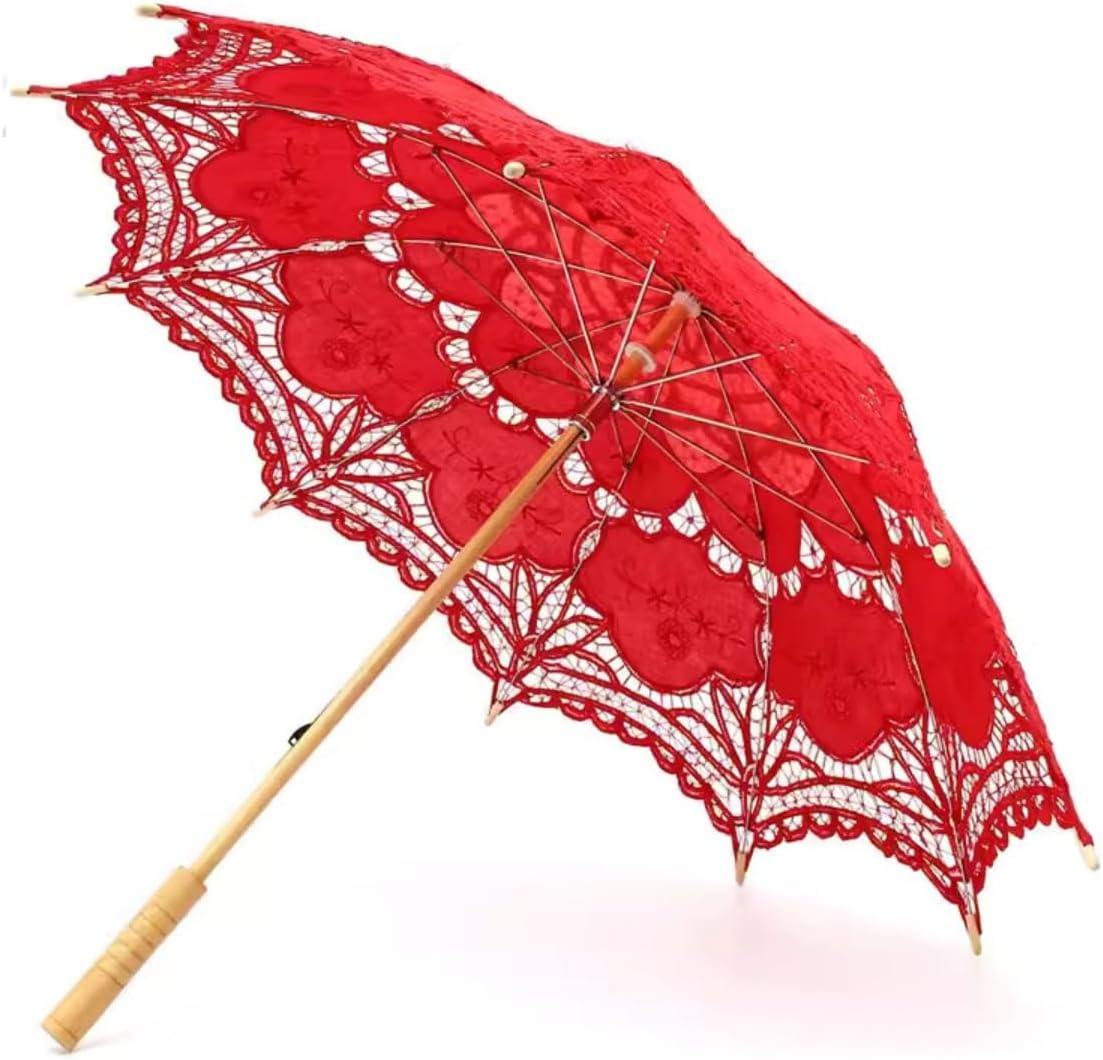 Handmade Red Lace Wedding Parasol - 30 Inch Adult Size Beauty