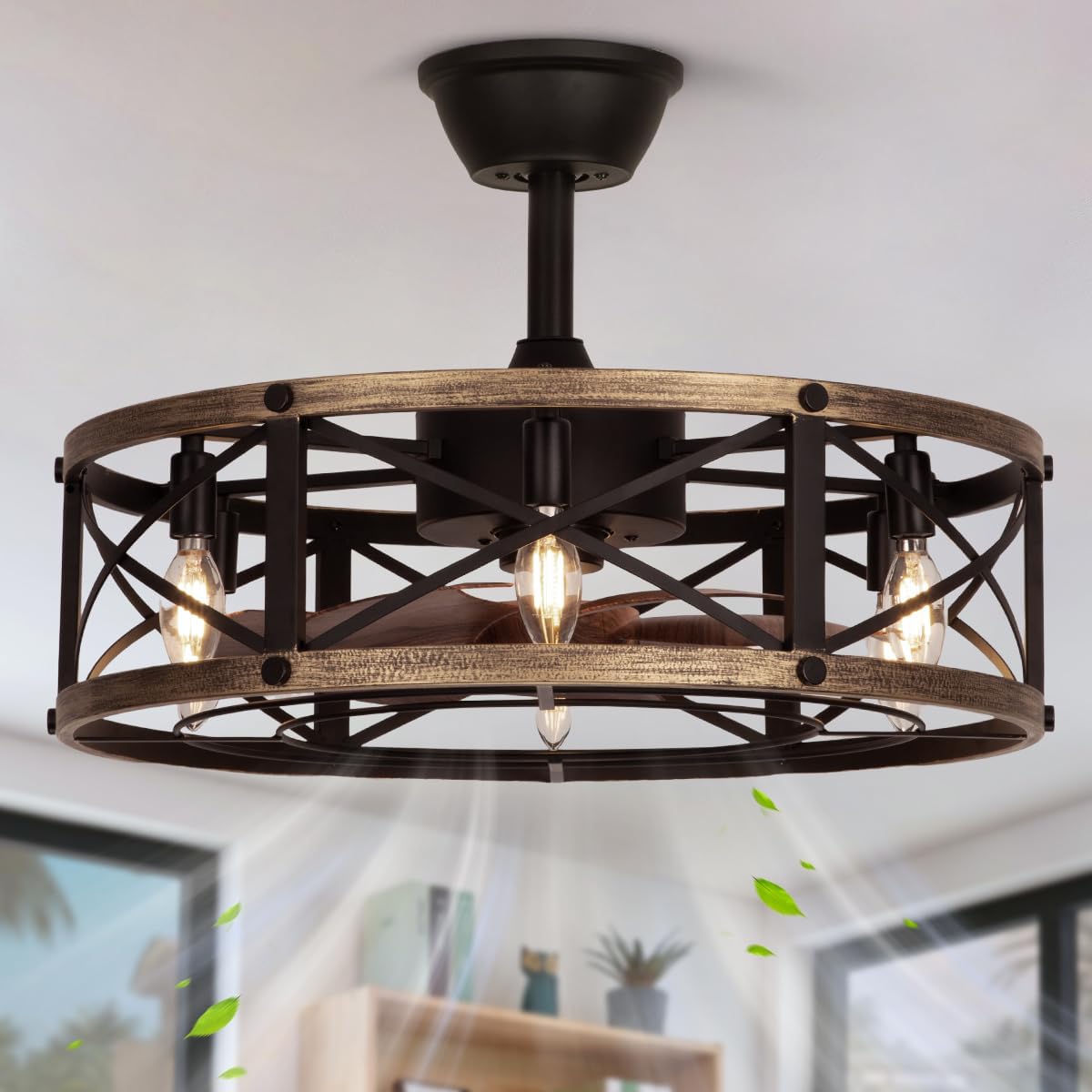 22 Inch Caged Farmhouse Ceiling Fan with Light and Remote Control
