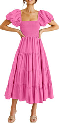 Women's Casual Summer Midi Dress with Puffy Sleeves - Smocked Fit