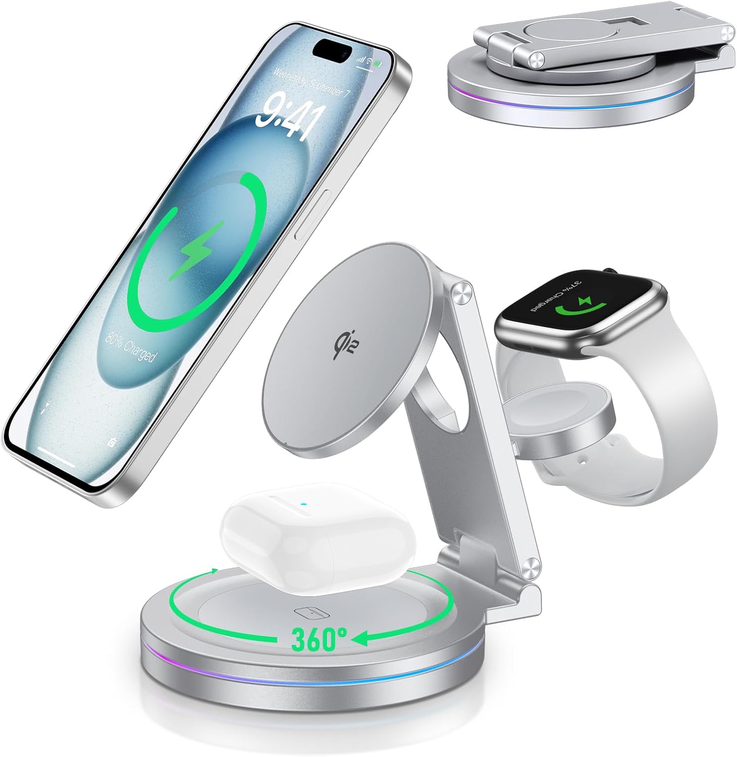 2025 Upgraded Qi2 Foldable 3 in 1 Magnetic Charging Station