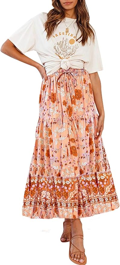 MEROKEETY Women's Boho Floral Print High Waist Midi Skirt Review