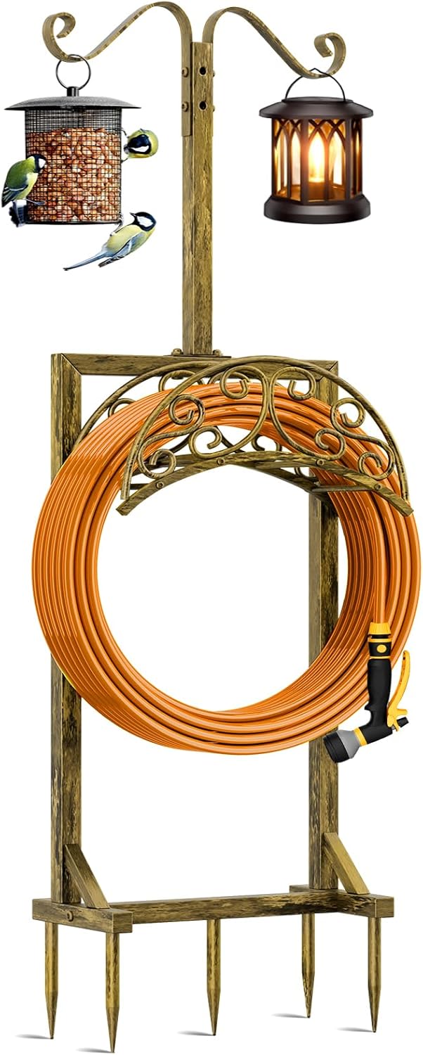 Garden Hose Holder with 5 Spikes & Shepherd Hooks for Stability