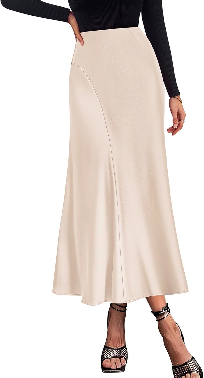 KIRUNDO Women's Satin Elastic High Waisted Maxi Skirt Trendy