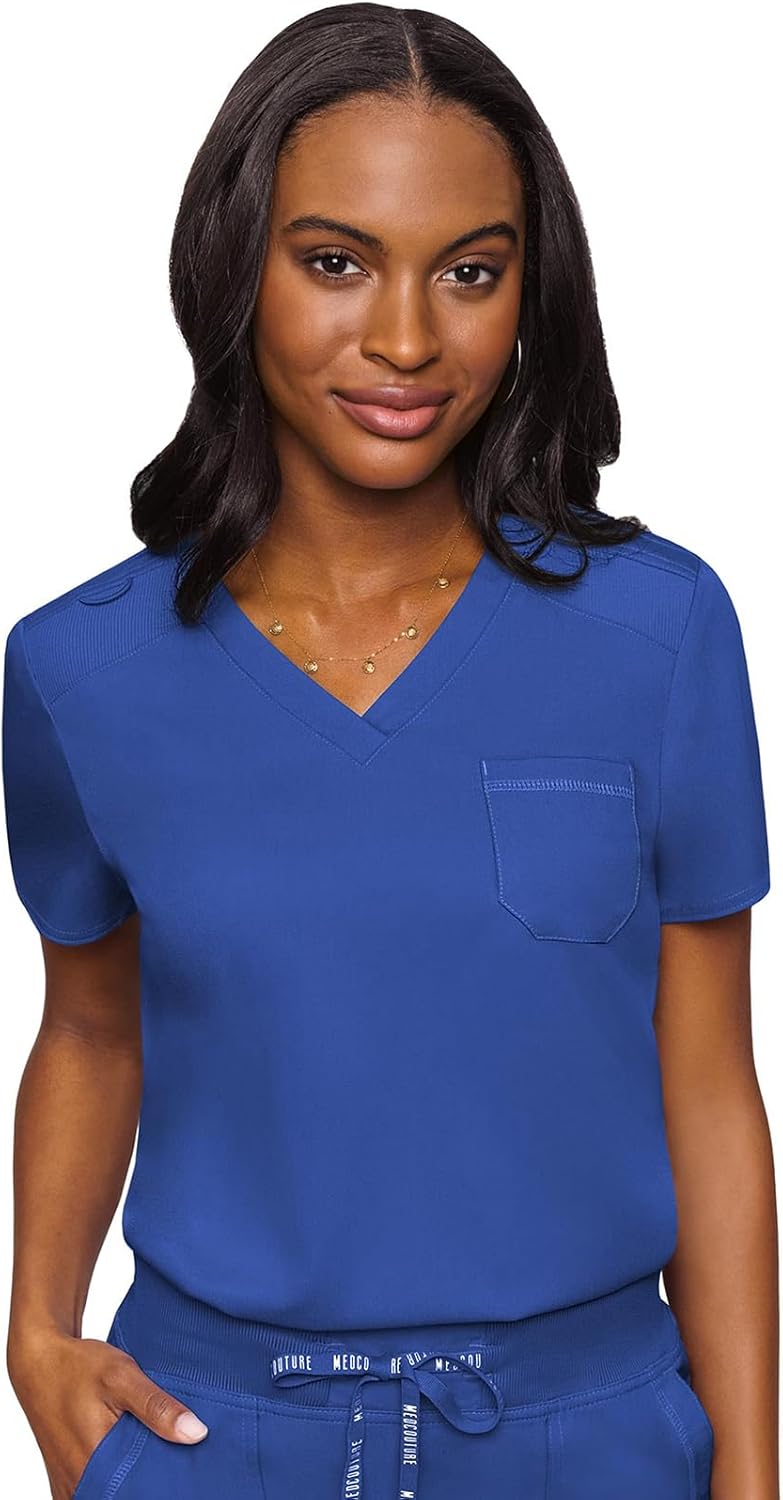 Med Couture Women's V-Neck Scrub Top with Stretchy Shoulders