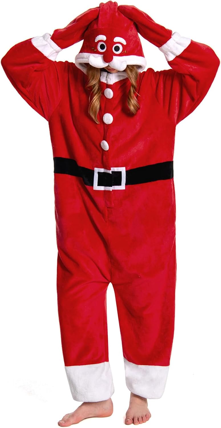 OLAOLA Unisex Adult Christmas Costume Plush Santa Onesie Fun