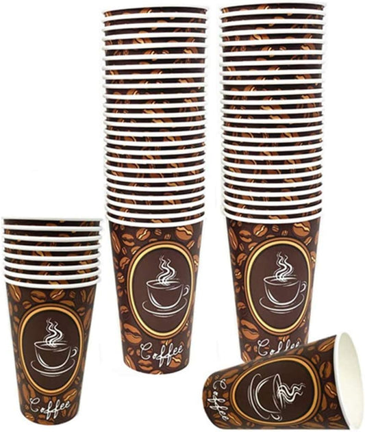 50 Pack - 16oz Disposable Hot Coffee Cups, Coffee Shops & Bars, Coffee Bean Design