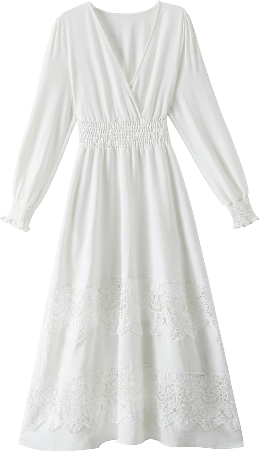 Women's Lace Maxi Dress Short Sleeve V Neck Boho Style