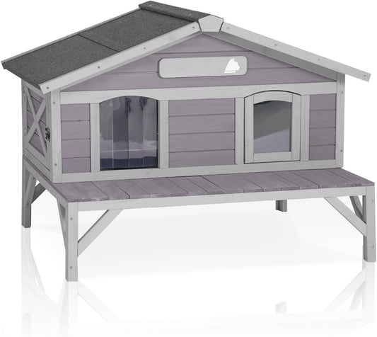 GUTINNEEN Outdoor Cat House with Large Porch and Escape Door